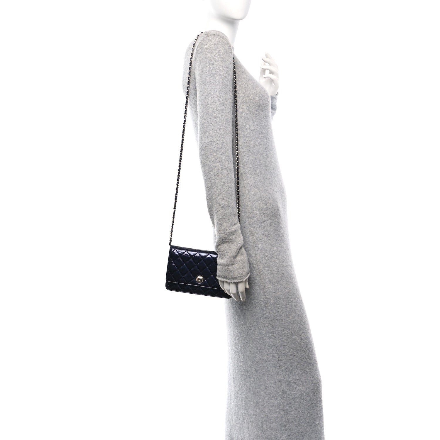Chanel Patent Metallic Crumpled Calfskin Quilted Wallet On Chain WOC Navy 2 of 11