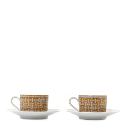 Hermes Porcelain Mosaique Au 24 Gold Tea Cup And Saucer Set Of 2 3 of 8