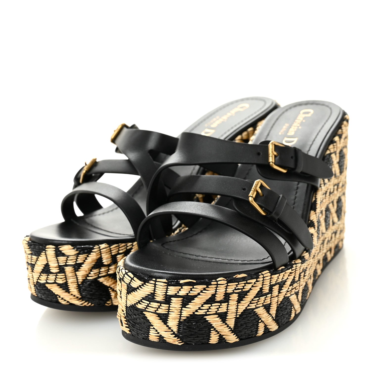 Christian Dior Raffia Calfskin L'Amazone Wedge Sandals 37 Black Natural 4 of 9