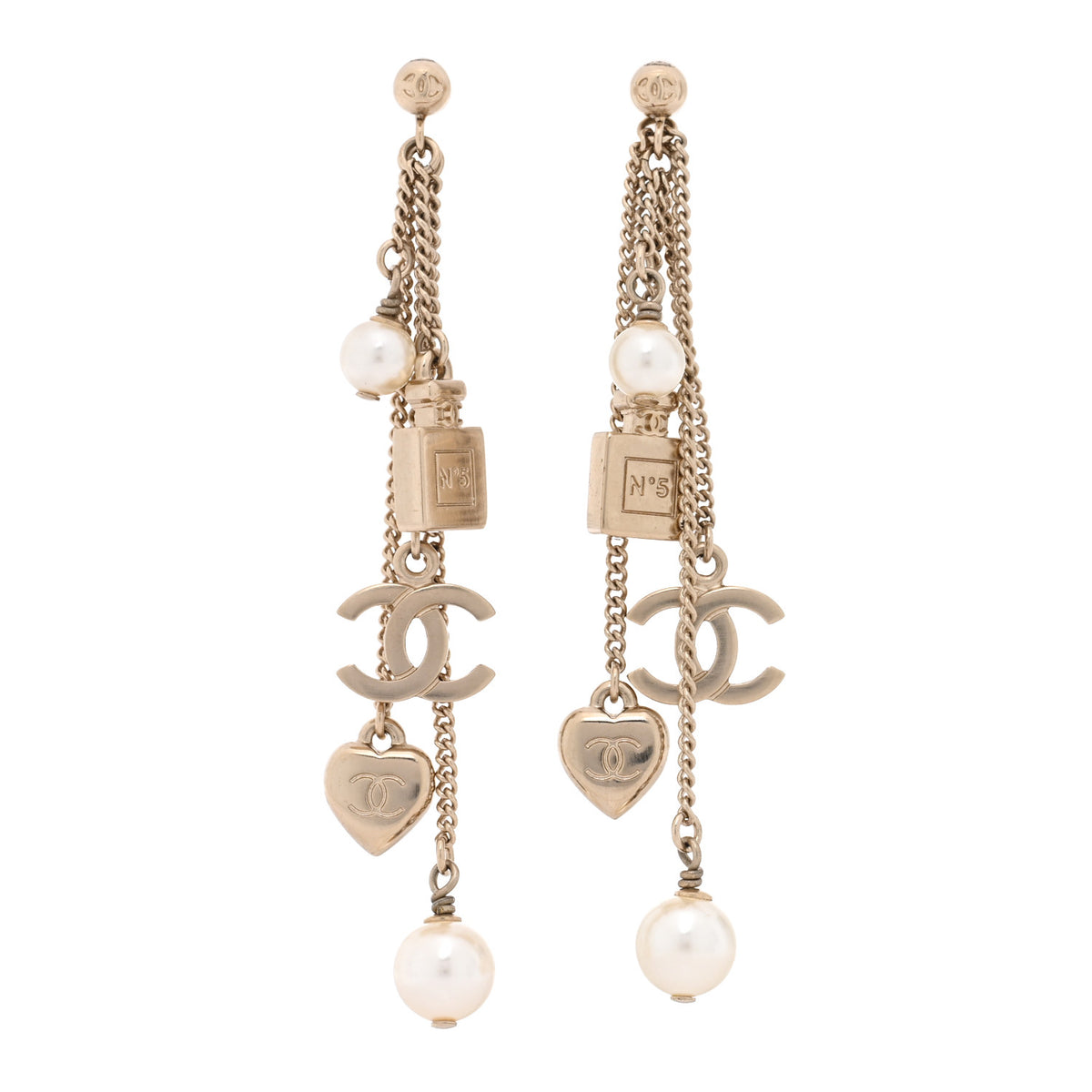 Metal Pearl Chain Charm Drop Earrings Gold
