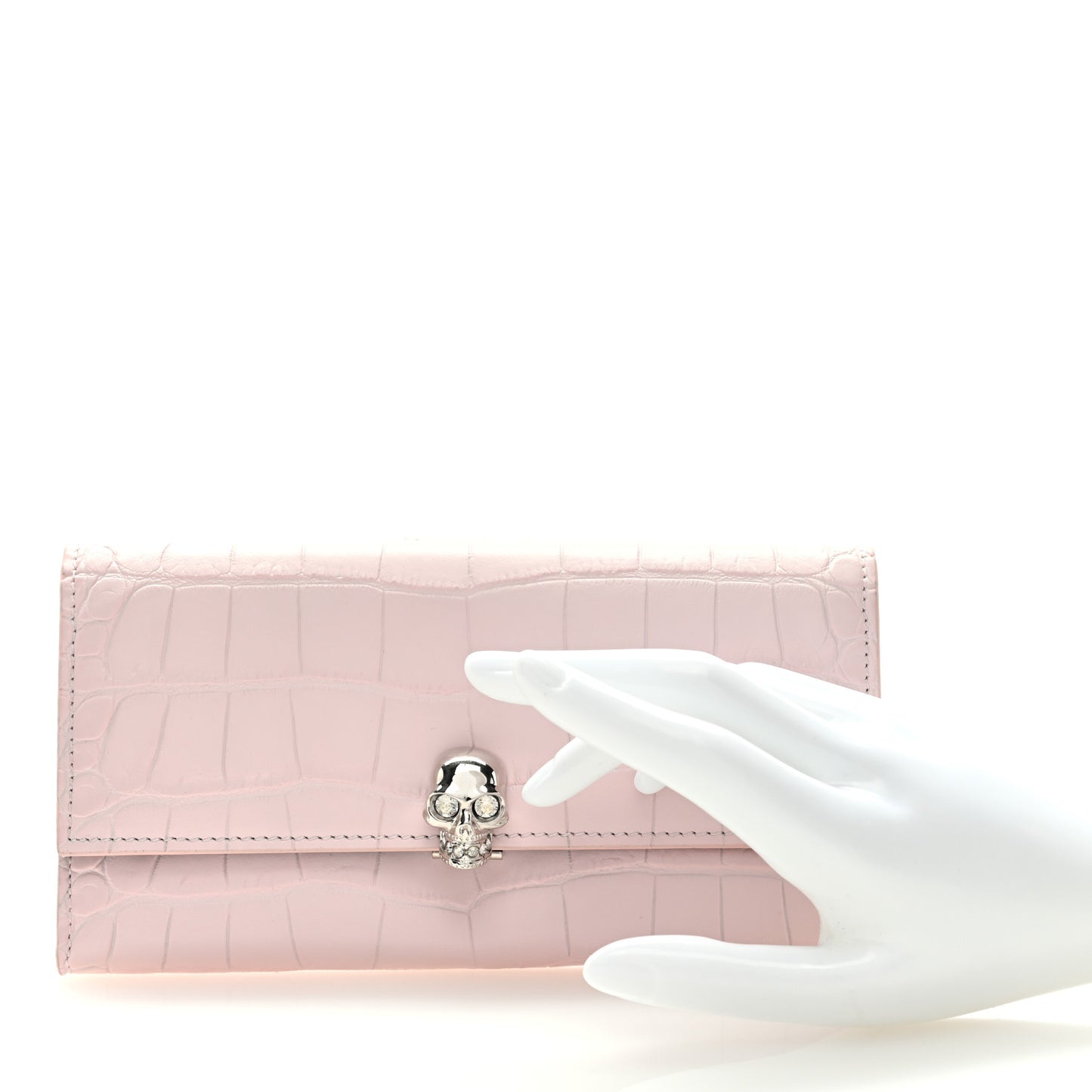 Silky Calfskin Crocodile Embossed Skull Continental Wallet Baby Pink