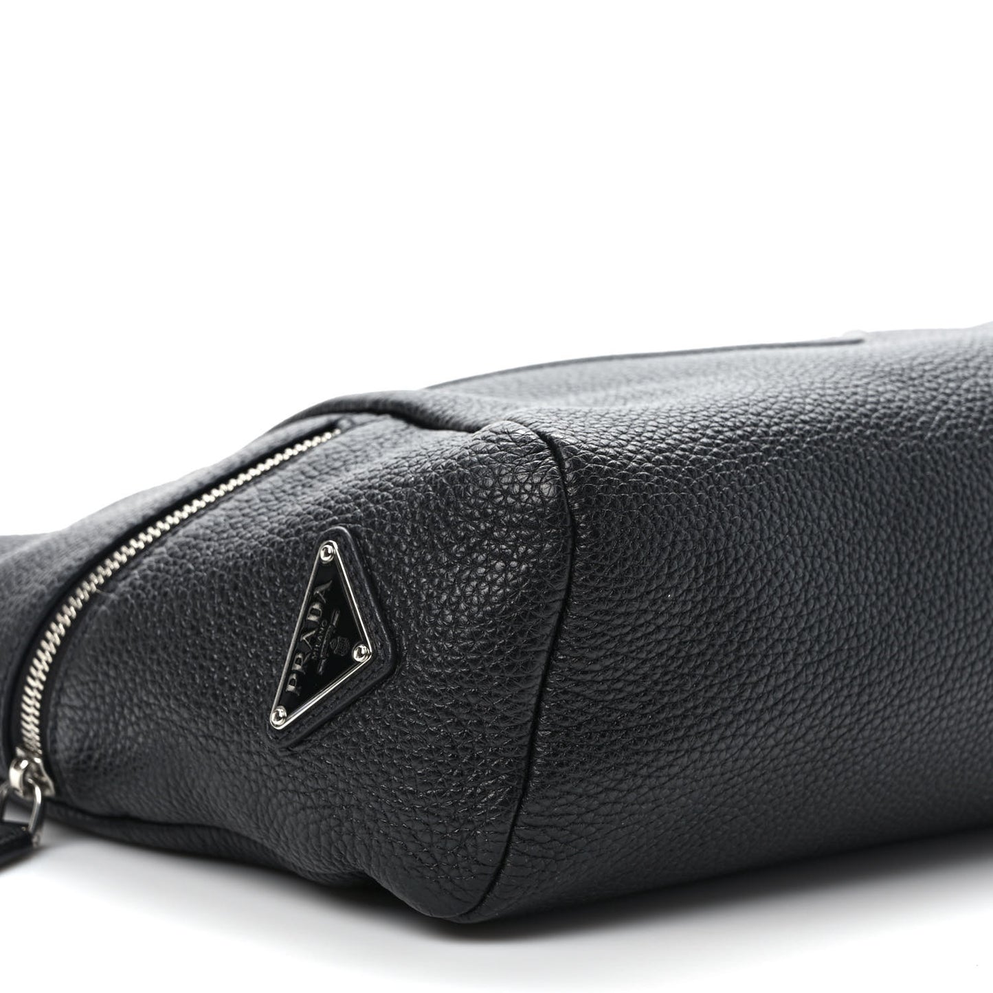 Vitello Daino Triangle Logo Embossed Shoulder Bag Black