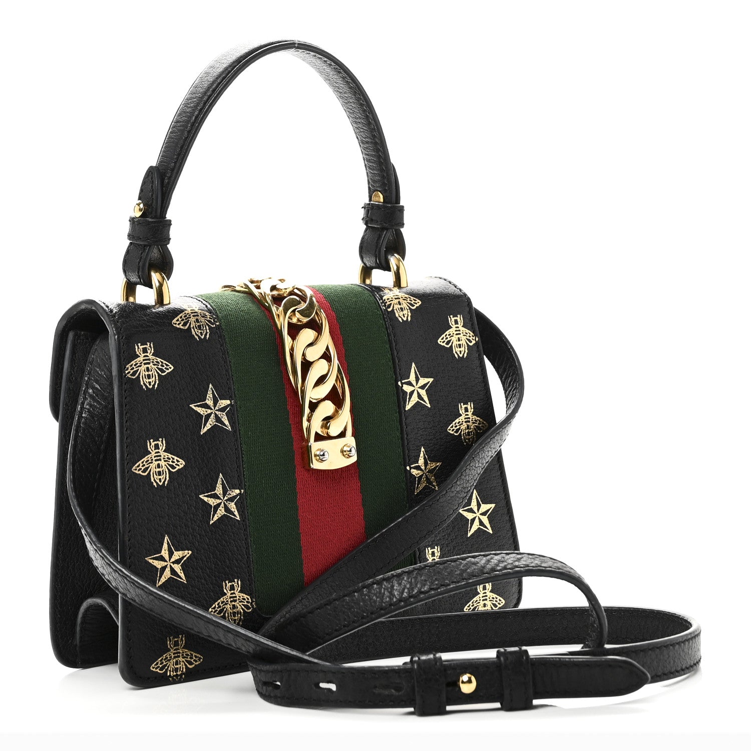 Gucci Textured Calfskin Bee Star Print Mini Sylvie Top Handle Bag Black 3 of 10