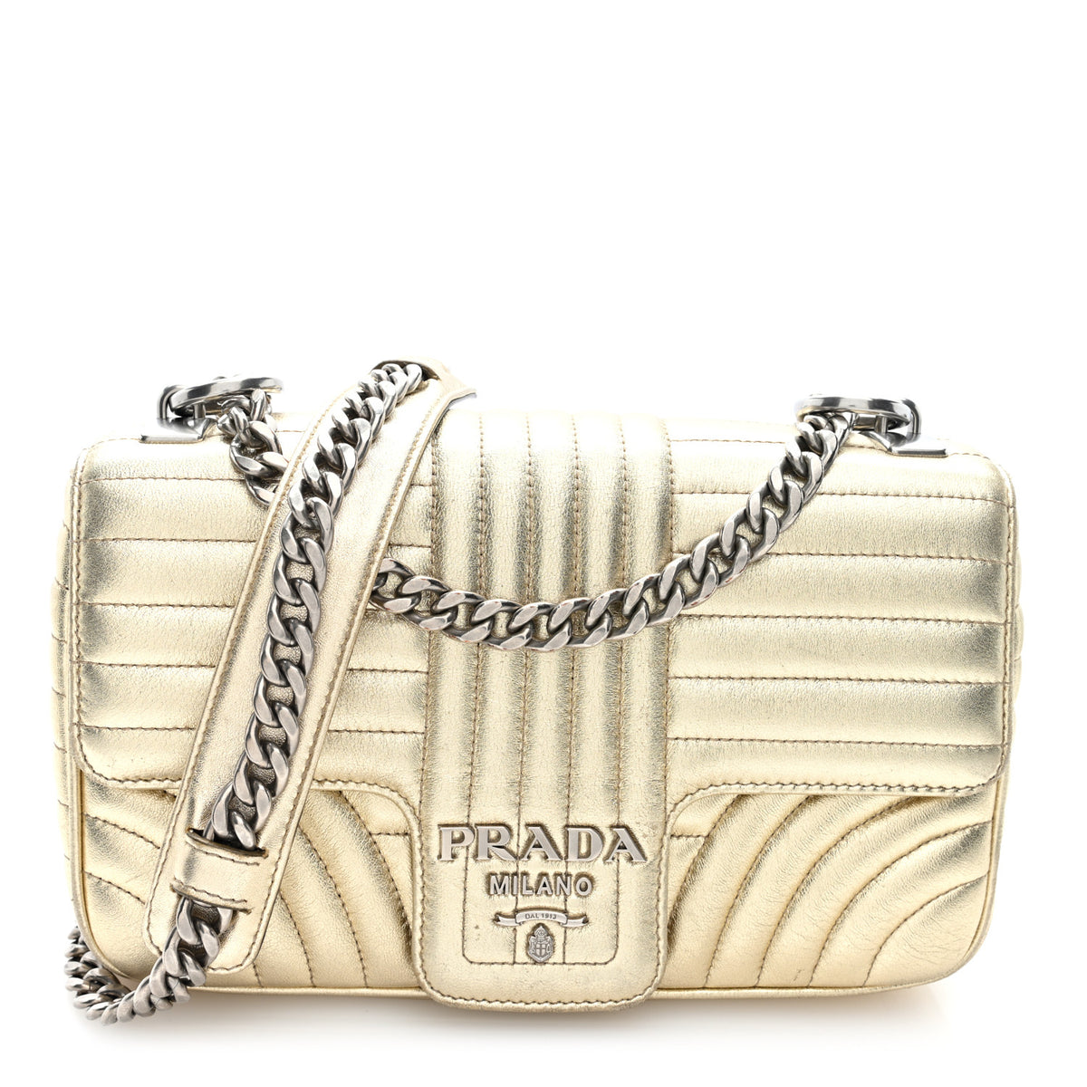 Prada Metallic Nappa Impunture Diagramme Medium Chain Flap Shoulder Bag  Gold 1 of 9