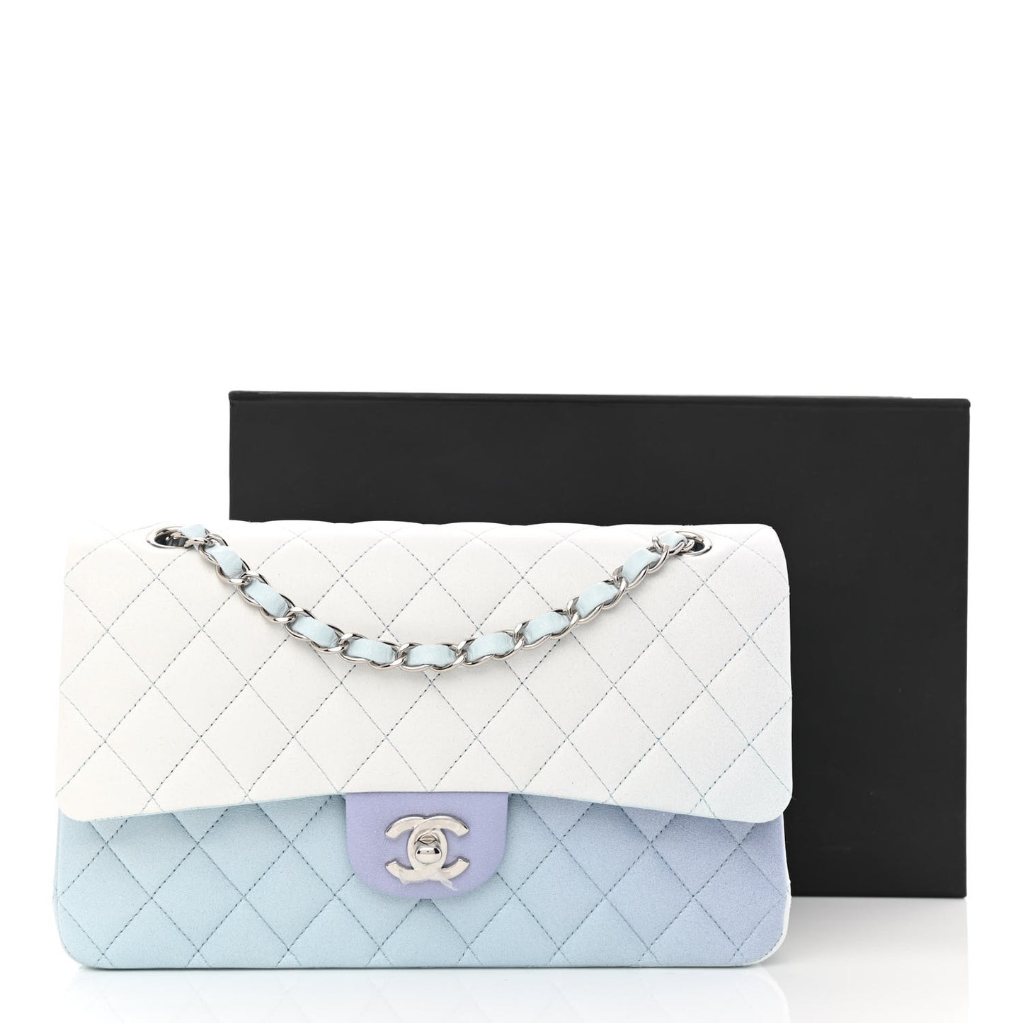 Perforated Lambskin Quilted Medium Double Flap Light Blue Light Purple White