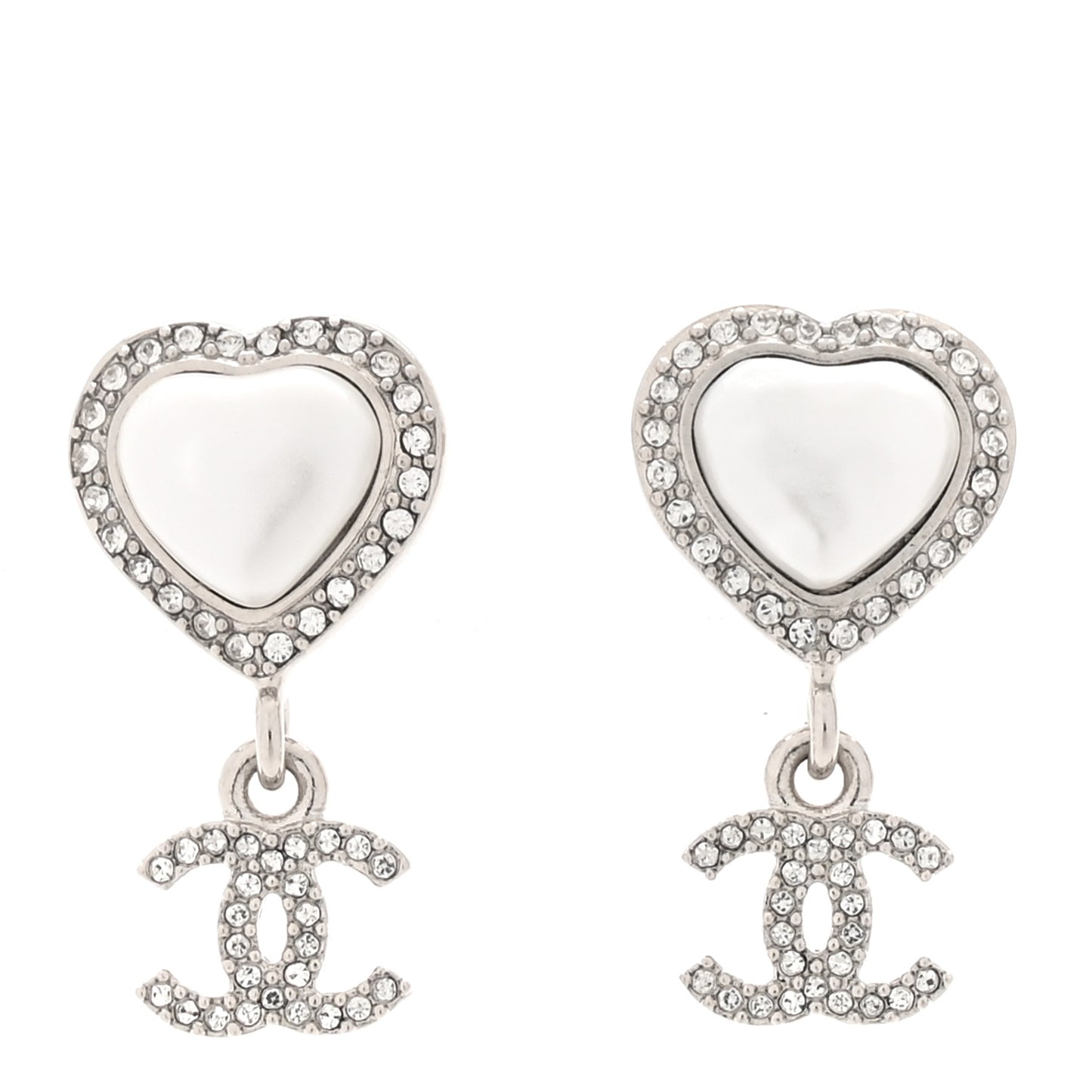 Pearl Crystal CC Heart Drop Earrings Silver