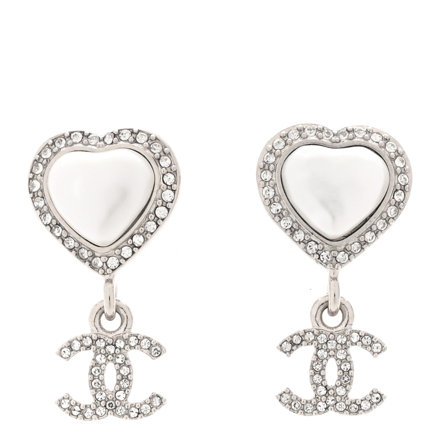 Chanel Pearl Crystal CC Heart Drop Earrings Silver 1 of 4