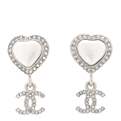 Chanel Pearl Crystal CC Heart Drop Earrings Silver 1 of 4