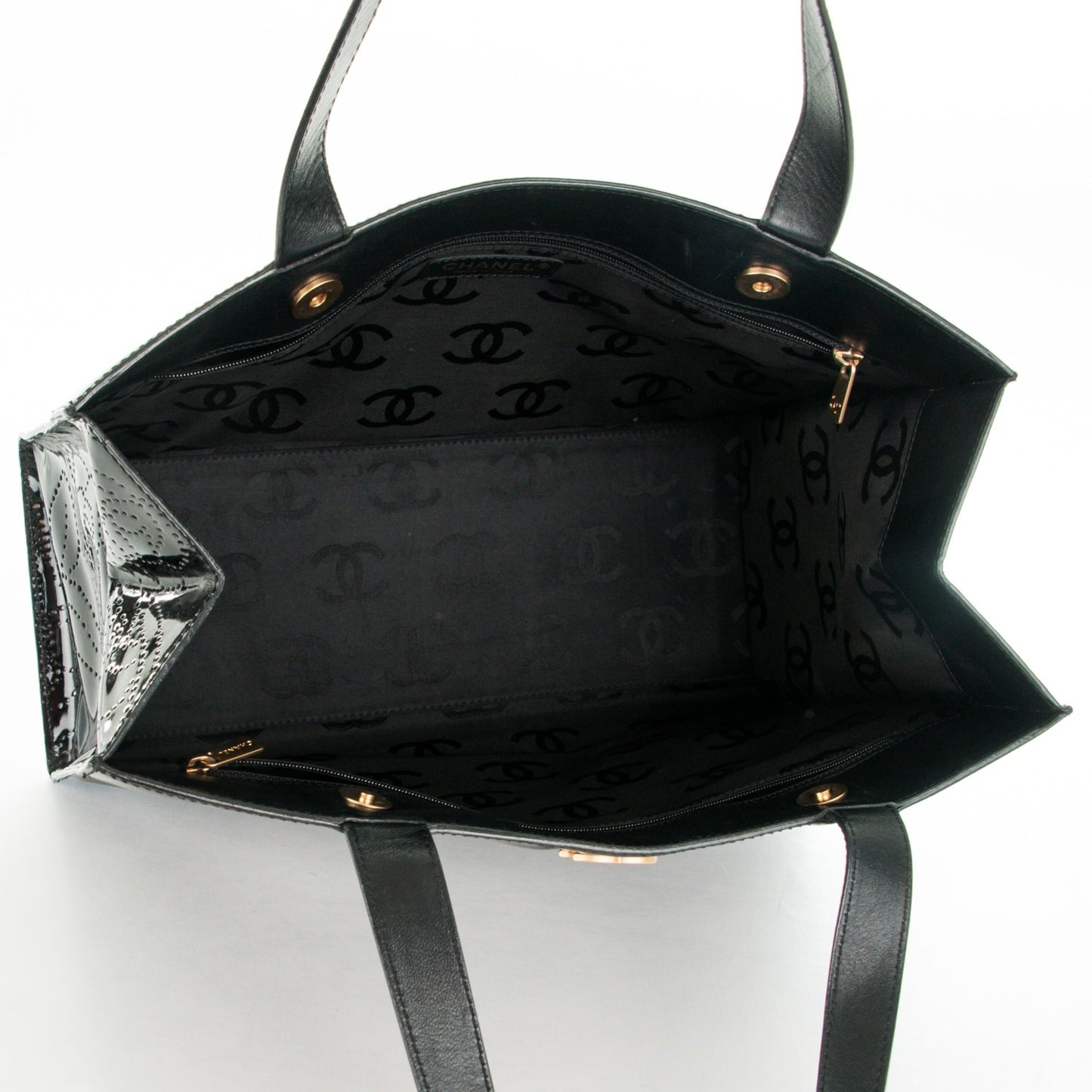 Patent Perforated Camellia Tote Black