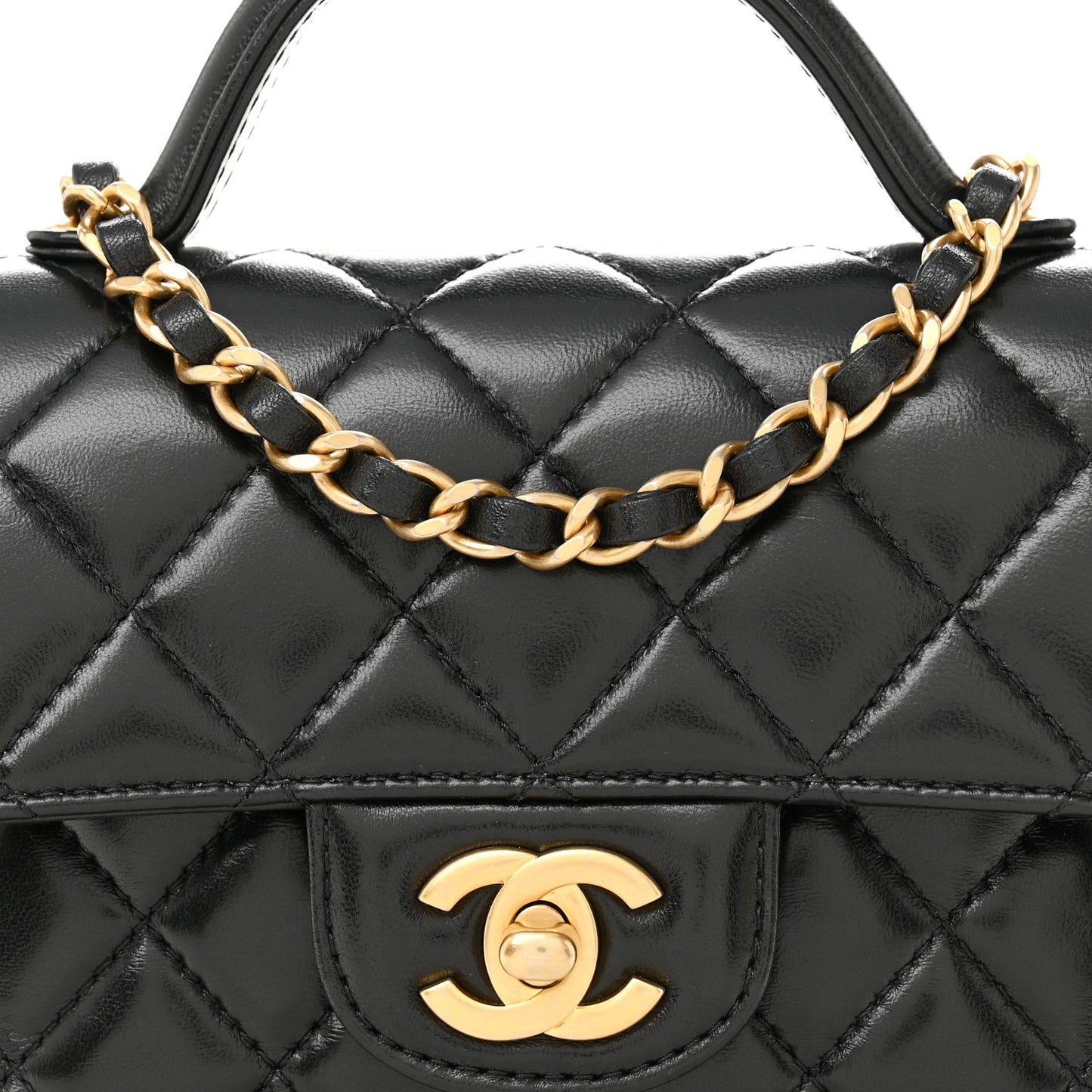Lambskin Quilted Small Flap Top Handle Bag Black