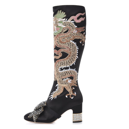 Gucci Silk Satin Malaga Kid Embroidered Candy Dragon Block-Heel Knee Boot 37.5 Black 1 of 9