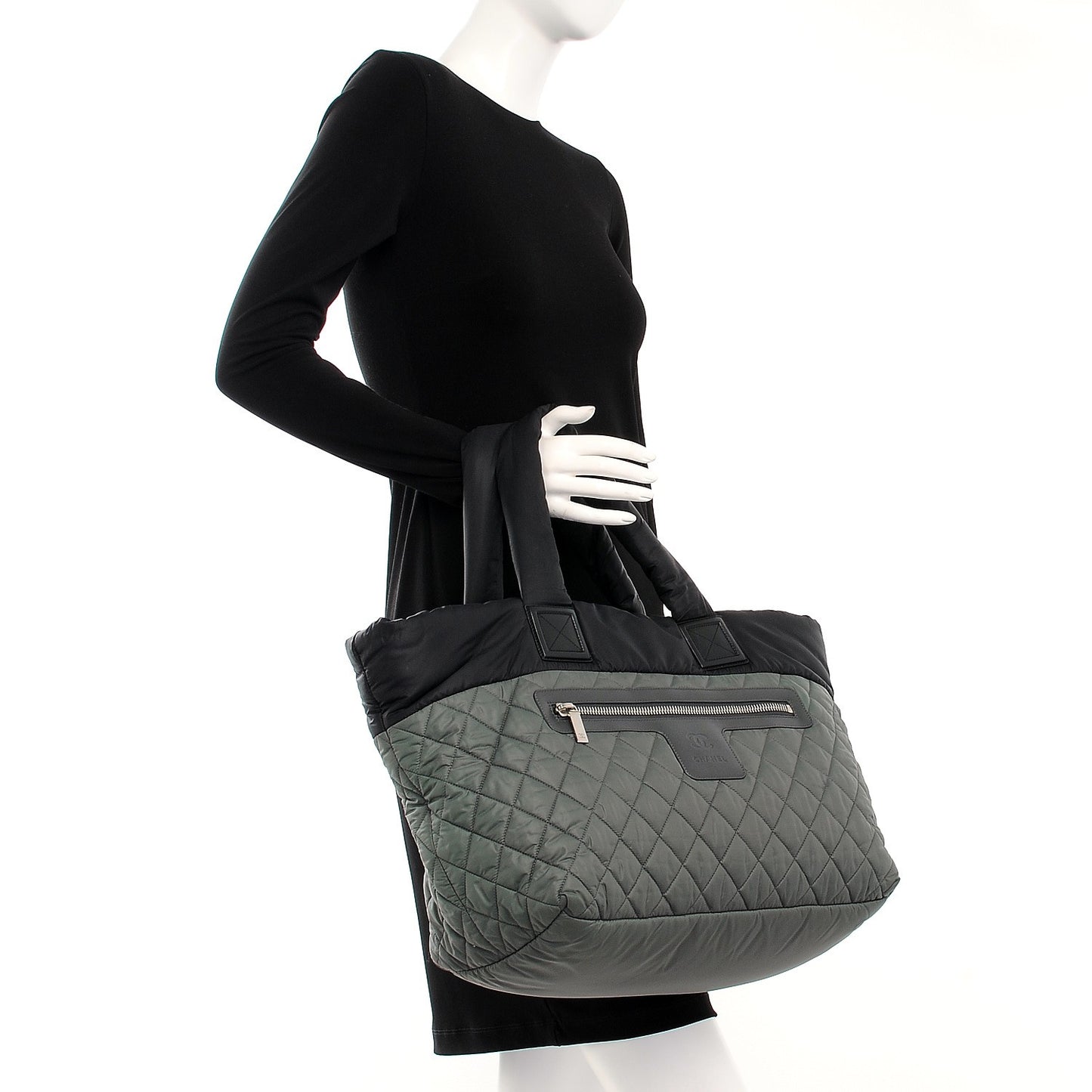Nylon Quilted Large Coco Cocoon Tote Black Green