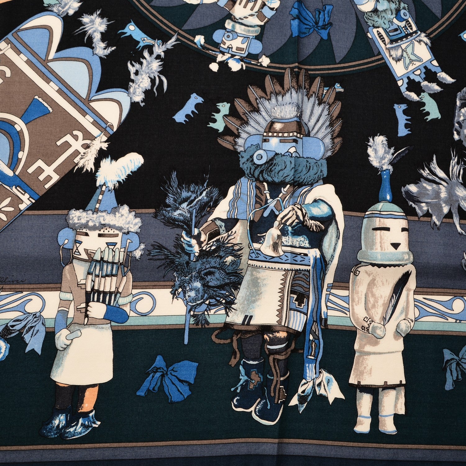 Hermes Cashmere Silk Kachinas Shawl 140 Marine Ciel Gris Bleuete 5 of 7