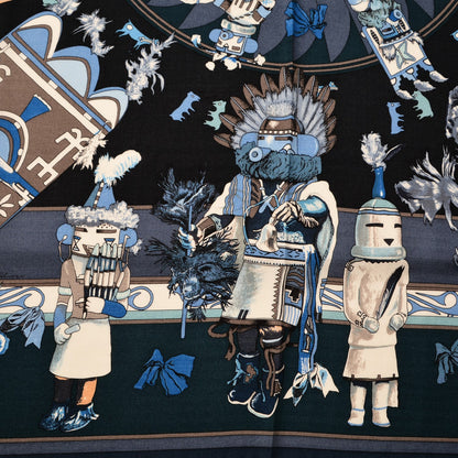 Hermes Cashmere Silk Kachinas Shawl 140 Marine Ciel Gris Bleuete 5 of 7