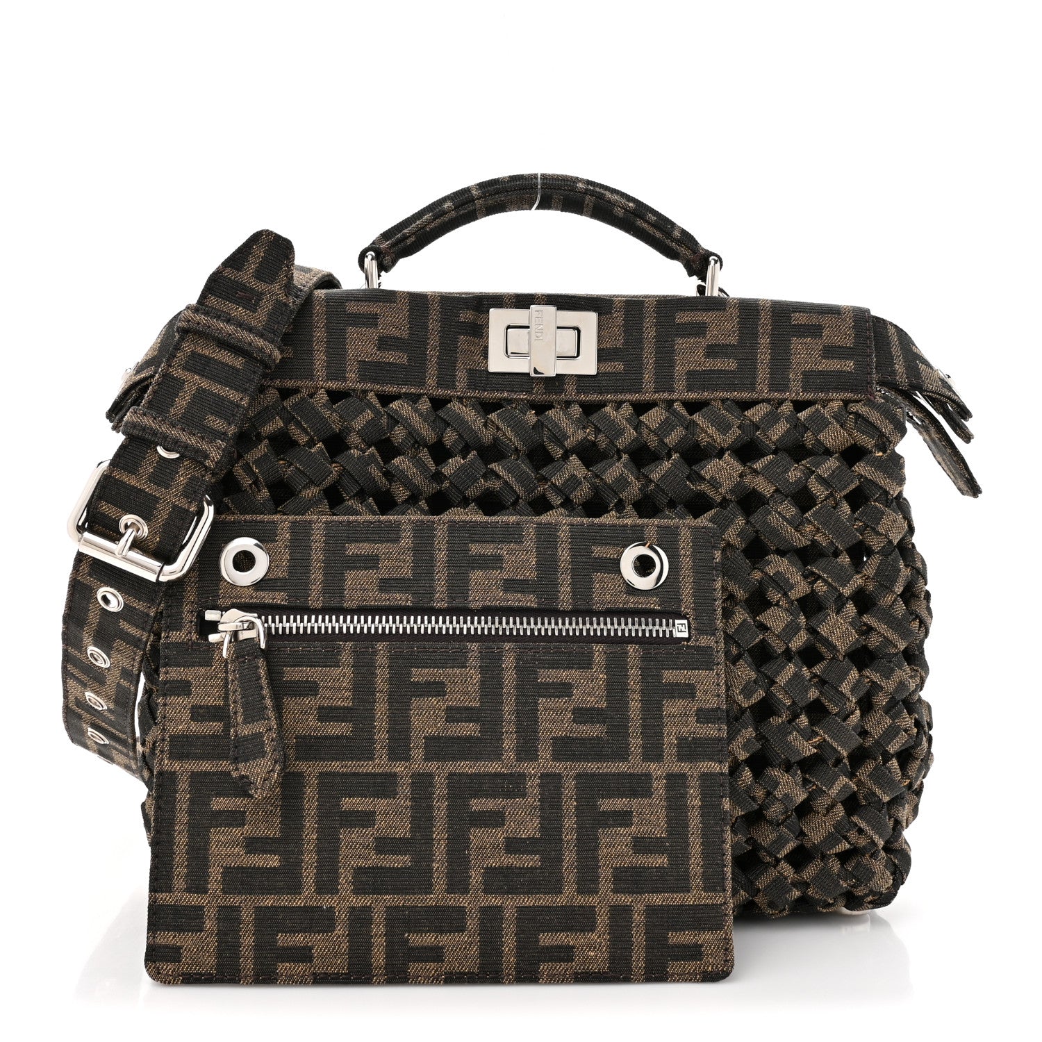 Fendi Fabric Jacquard FF 1974 Woven Knotted Mini Peekaboo I SEE U Satchel Tobacco Moro 3 of 13