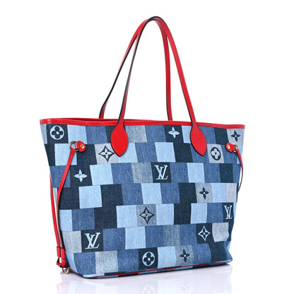Louis Vuitton Denim Damier Monogram Patchwork Neverfull Blue Rouge 3 of 15