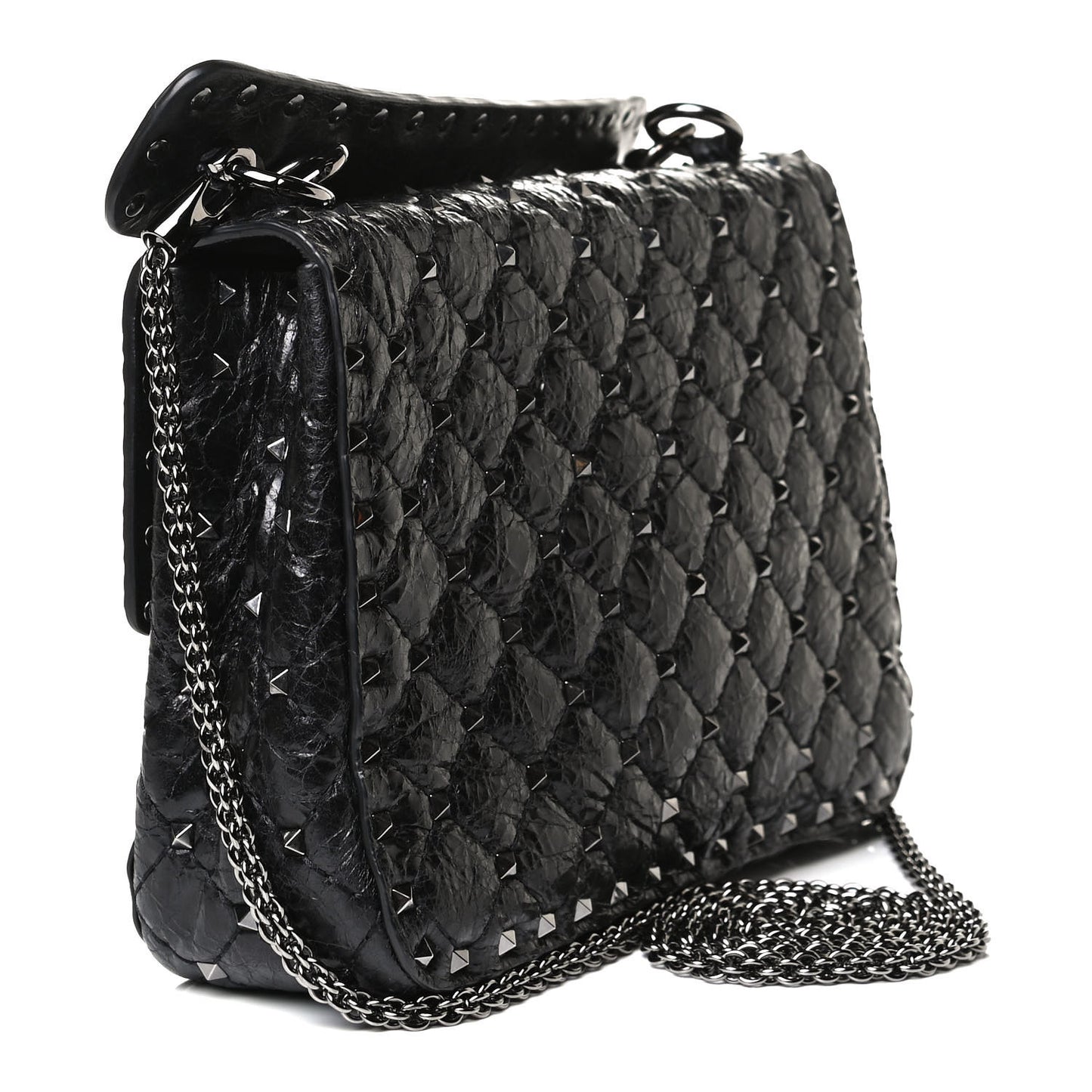 Craquele Nappa Medium Rockstud Spike Shoulder Bag Black