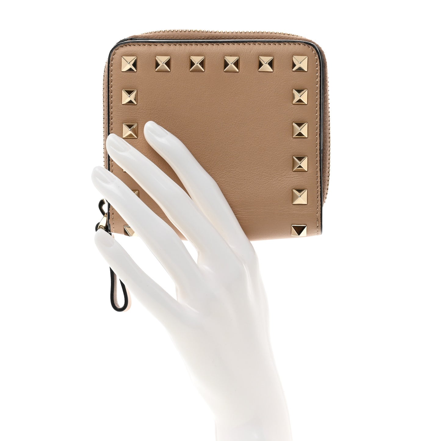 Calfskin Rockstud Compact Zip Around Wallet Camel Rose