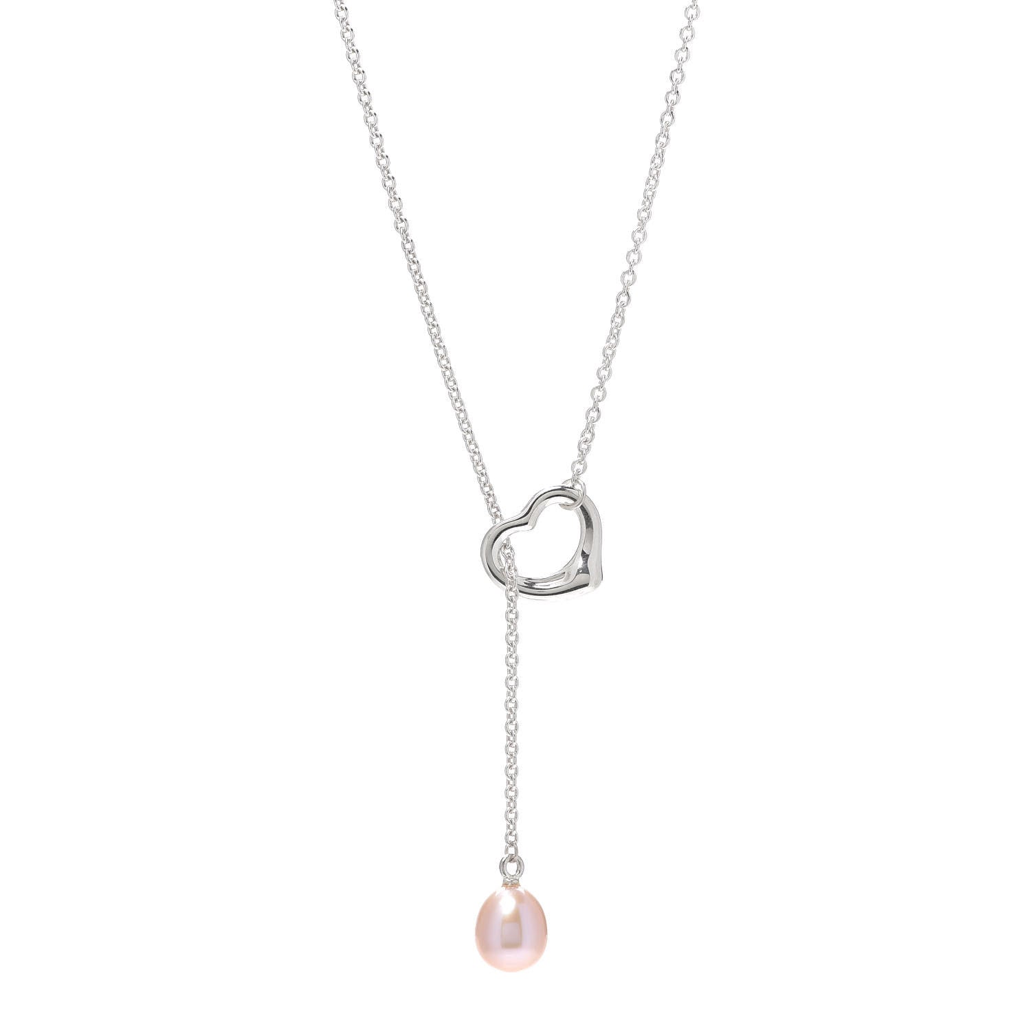 Tiffany Sterling Silver Pink Pearl 9-9.5mm Elsa Peretti Open Heart Lariat Necklace 1 of 5