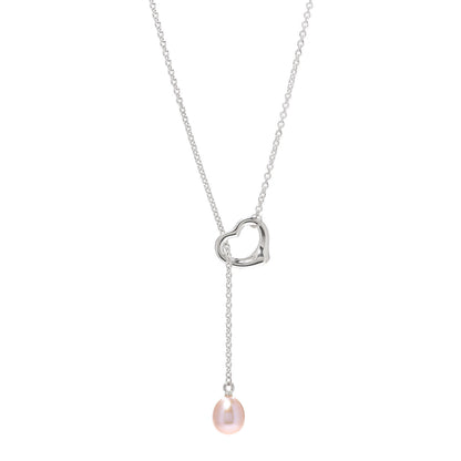 Tiffany Sterling Silver Pink Pearl 9-9.5mm Elsa Peretti Open Heart Lariat Necklace 1 of 5