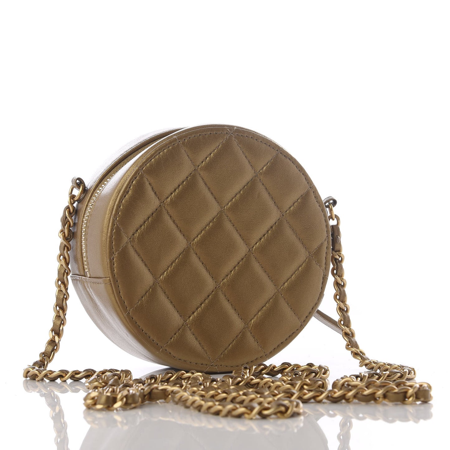 Metallic Lambskin Quilted Egyptian Amulet Round Clutch With Chain Gold