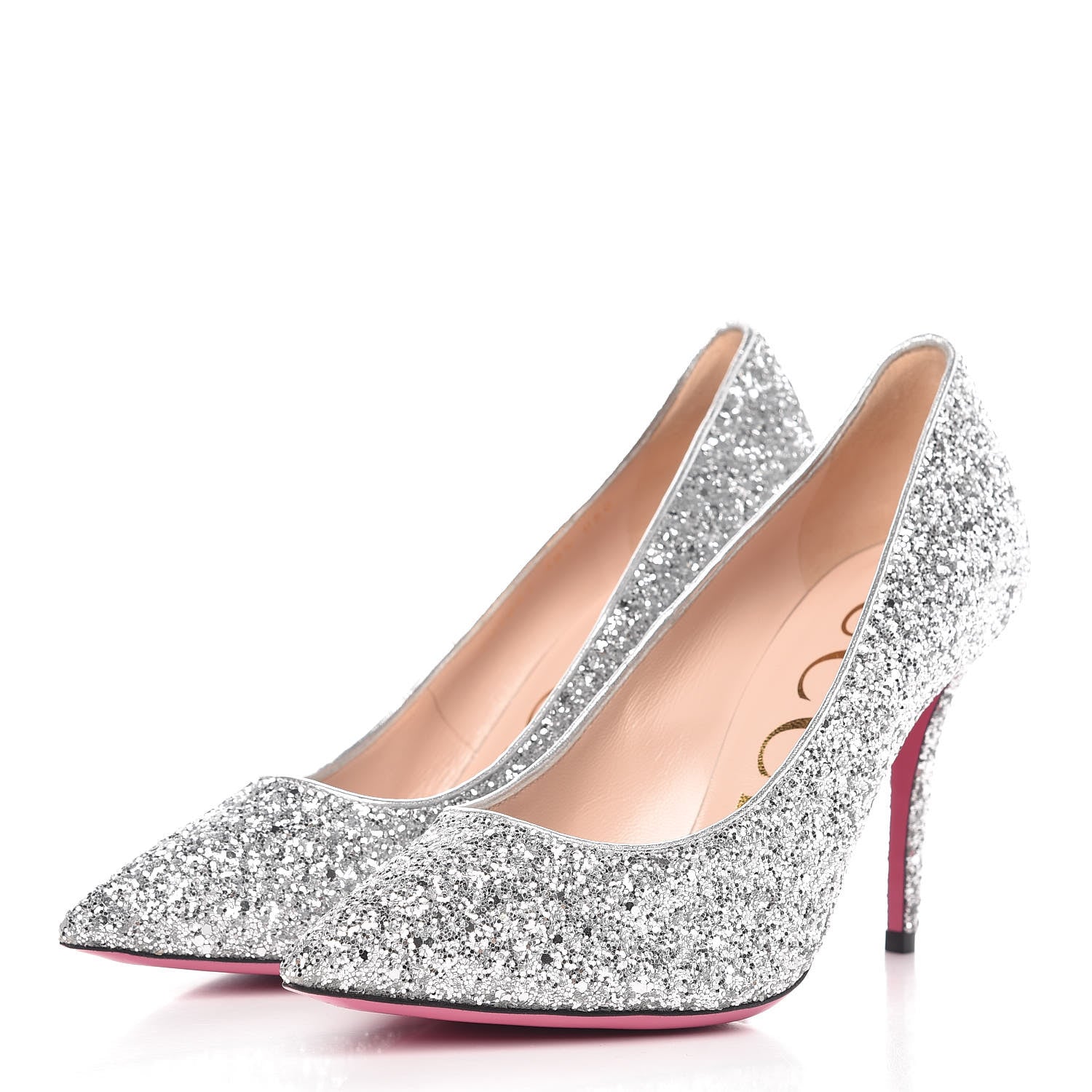 Gucci Nappa Silk Glitter Removable Crystal Heart Pumps 38.5 Argento 5 of 12