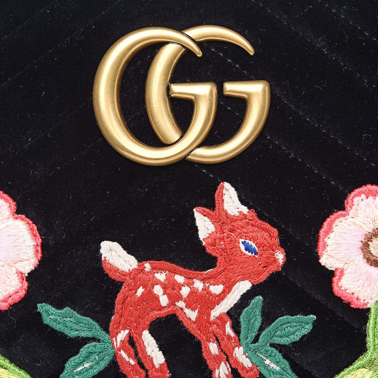 Velvet Matelasse Deer Embroidered Small GG Marmont Chain Shoulder Bag Black