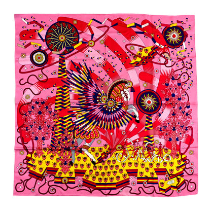 Hermes Silk La Source De Pegase Scarf 90 Rose Jaune Vif Bleu Royal 1 of 3