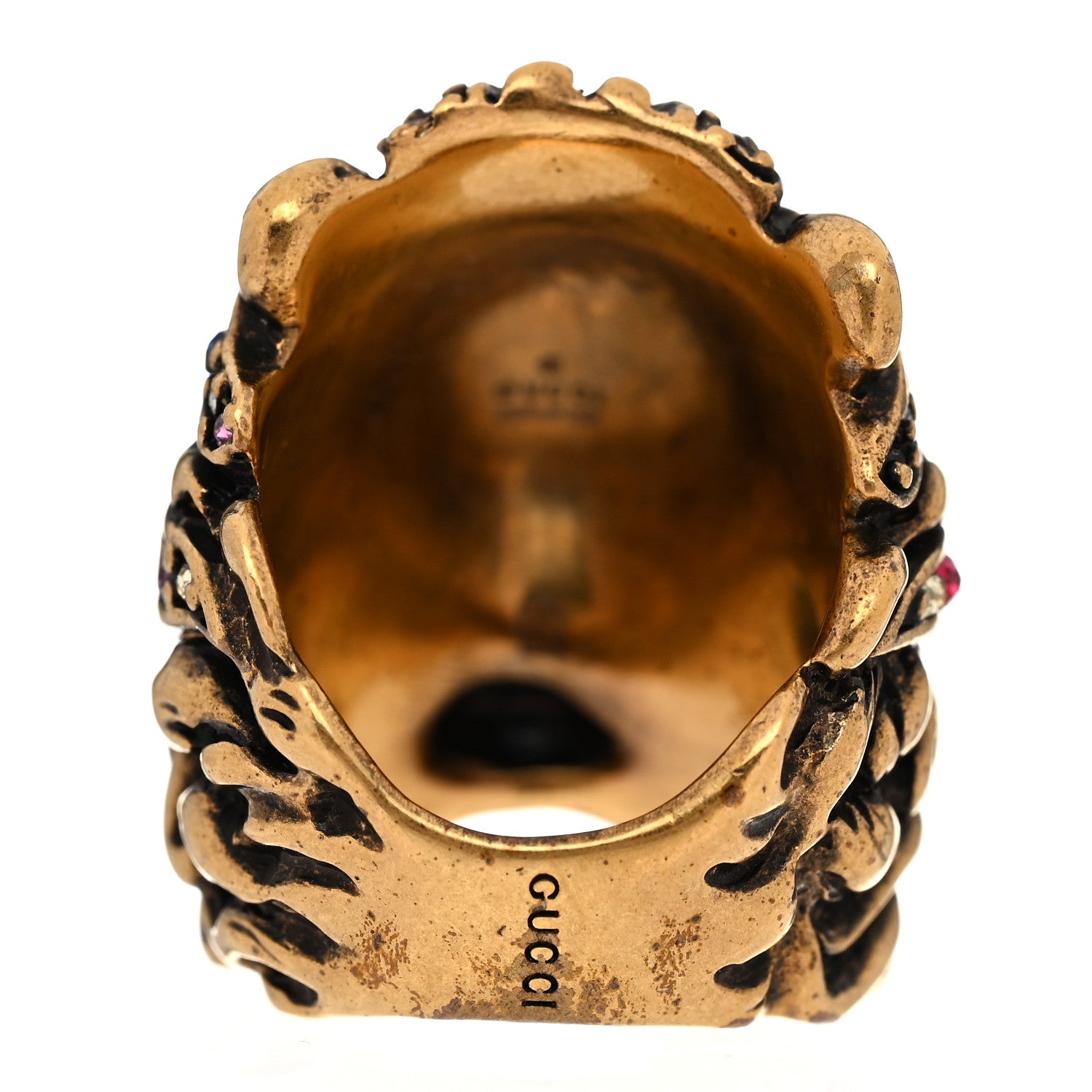 Gucci Metal Crystal Lion Head Ring 50 5.25 Aged Gold 3 of 6