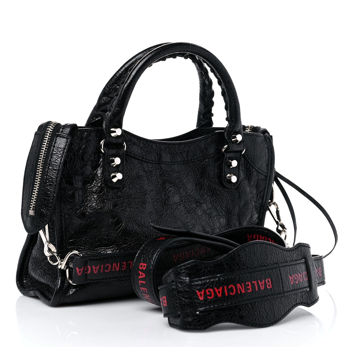 Agneau Classic Silver Hardware City Logo Strap Black Red