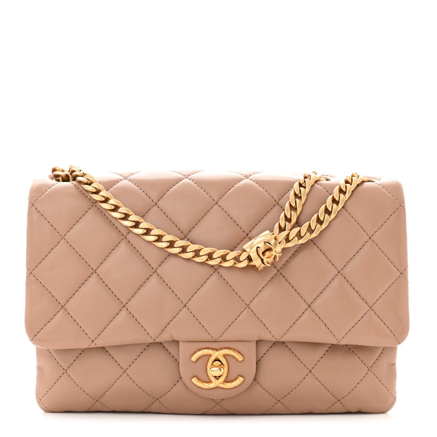 Lambskin Quilted Medium Pillow Crush Flap Beige
