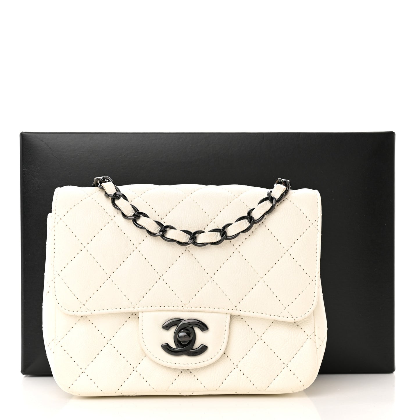 Crumpled Calfskin Quilted Mini Square Flap White