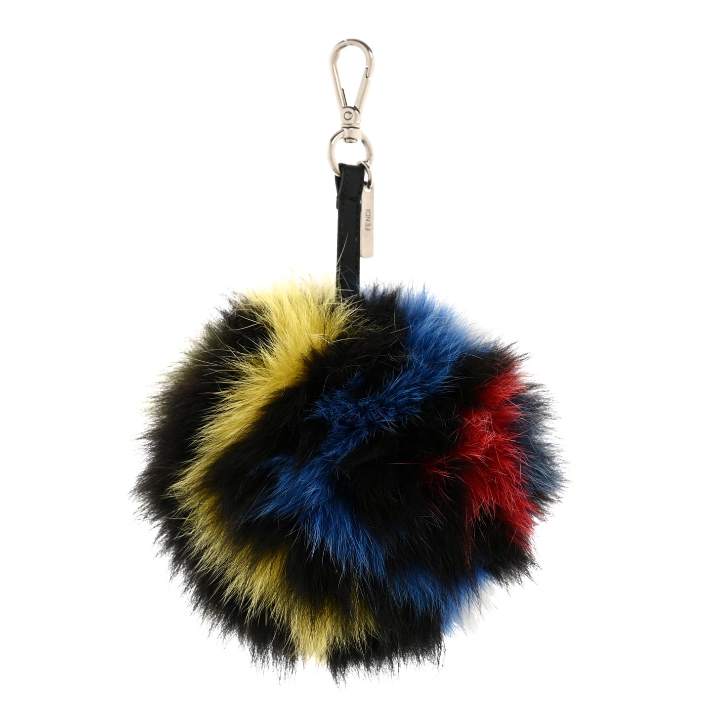 Fox Fur Shiny Nappa Rainbrow Pom Pom Bag Charm Black Yellow Blue