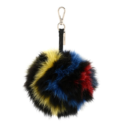 Fendi Fox Fur Shiny Nappa Rainbrow Pom Pom Bag Charm Black Yellow Blue 1 of 4