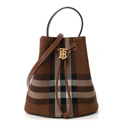 Burberry Knitted Check Calfskin TB Small Drawstring Bucket Bag Dark Birch Brown 1 of 9
