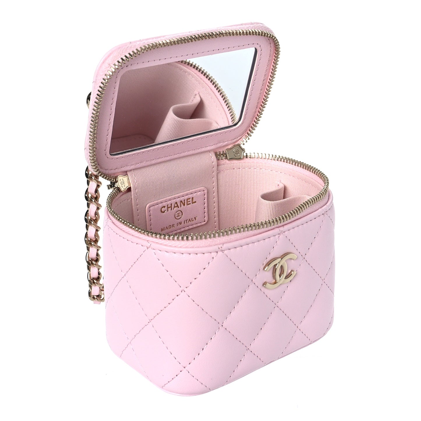 Lambskin Quilted Mini Top Handle Vanity Case With Chain Light Pink