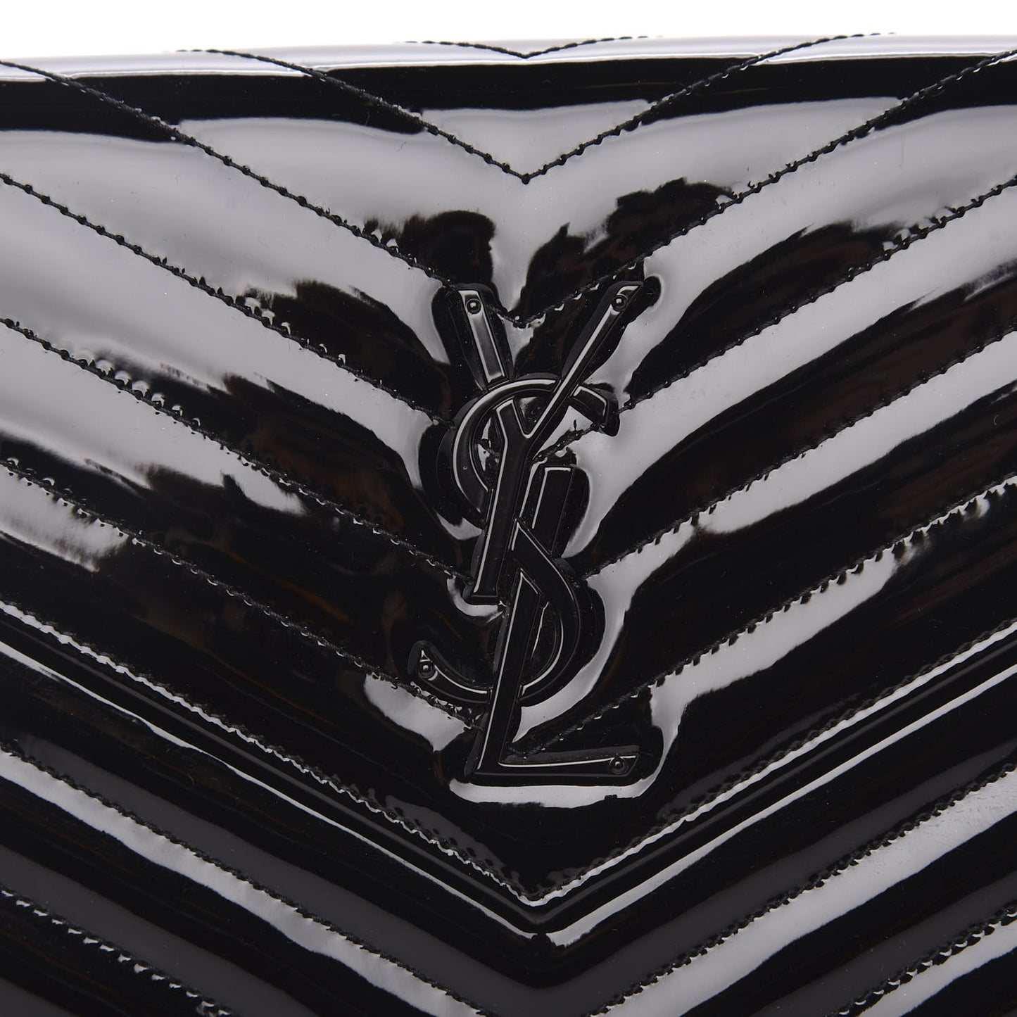 Patent Matelasse Chevron Monogram Chain Wallet Black