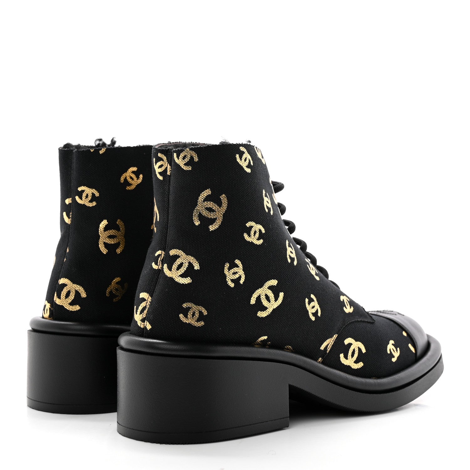 Chanel Lambskin Shearling Canvas CC Lace Up Boots 39 Black Gold 4 of 17