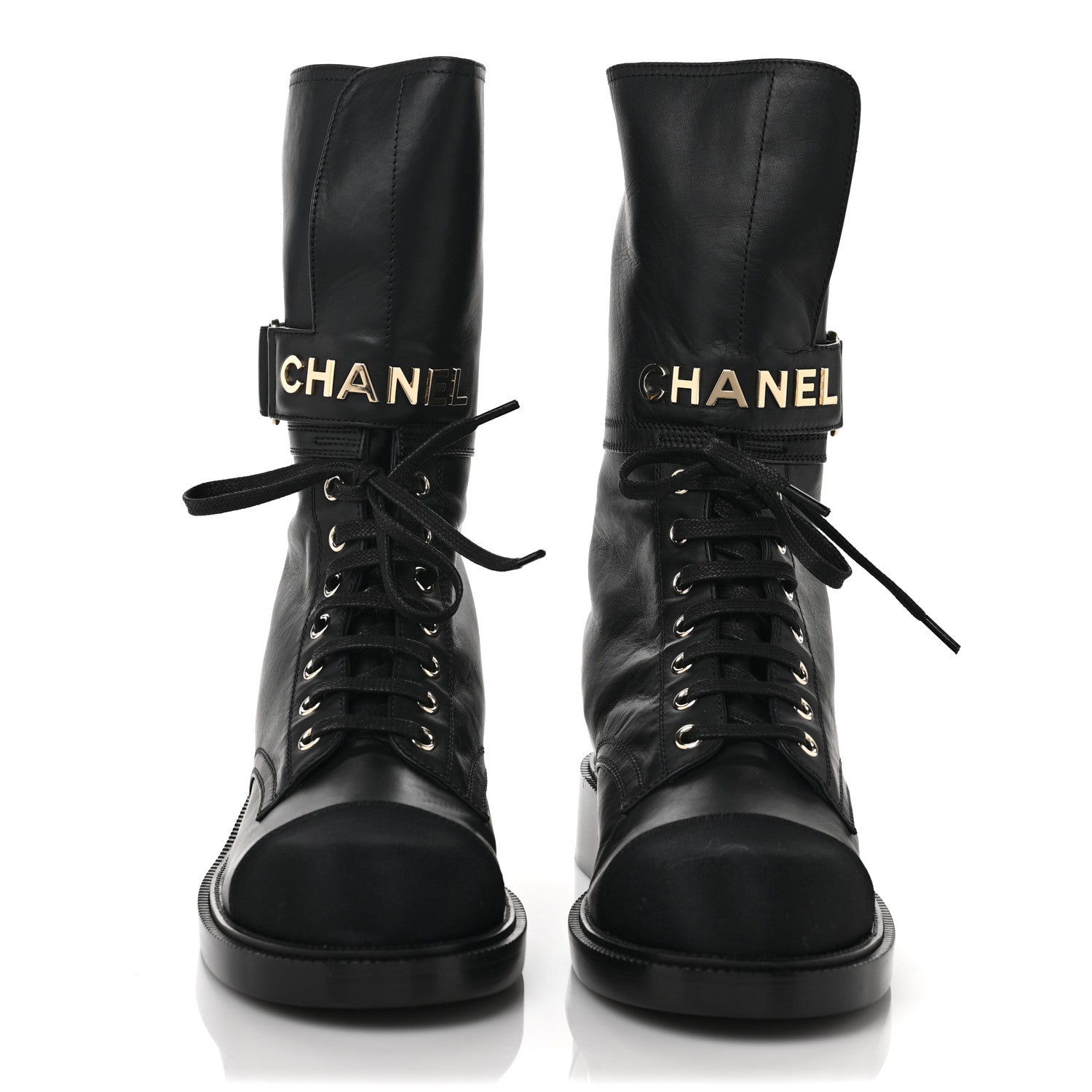 Chanel Shiny Calfskin Lace Up Combat Boots 39 Black 2 of 9