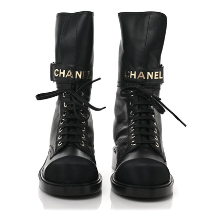 Chanel Shiny Calfskin Lace Up Combat Boots 39 Black 2 of 9