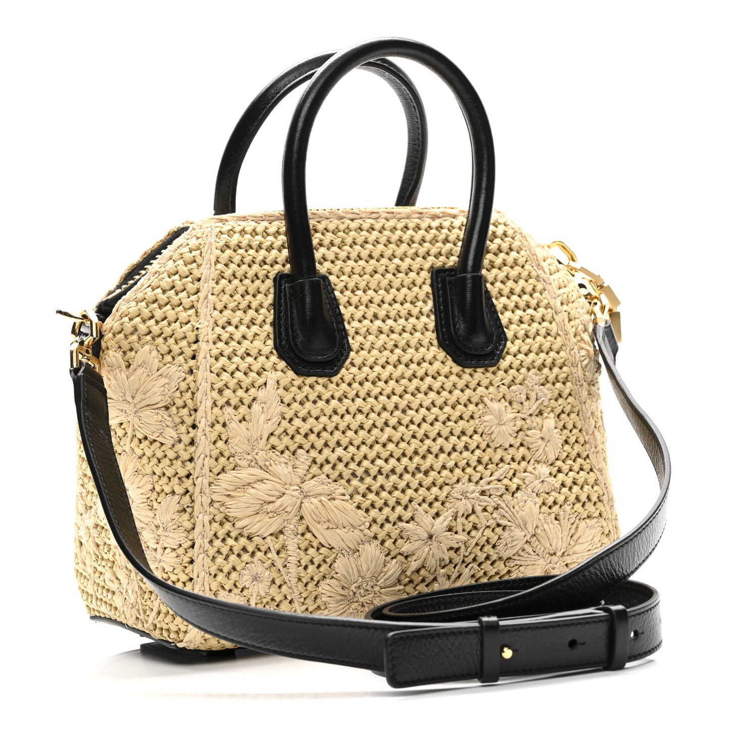 Raffia Embroidered Mini Antigona Natural Black