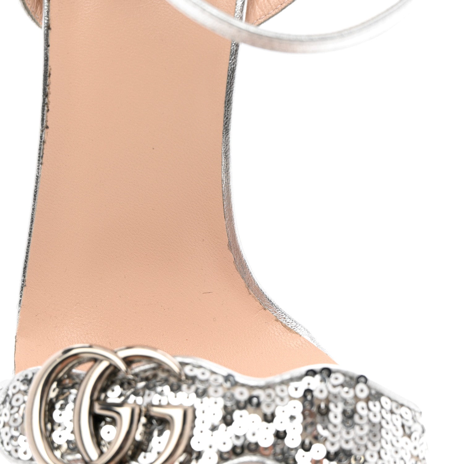 Gucci Sequin Satin Nappa GG Marmont Ankle Wrap 105mm Sandals 38 Silver Grigio Argento 9 of 9