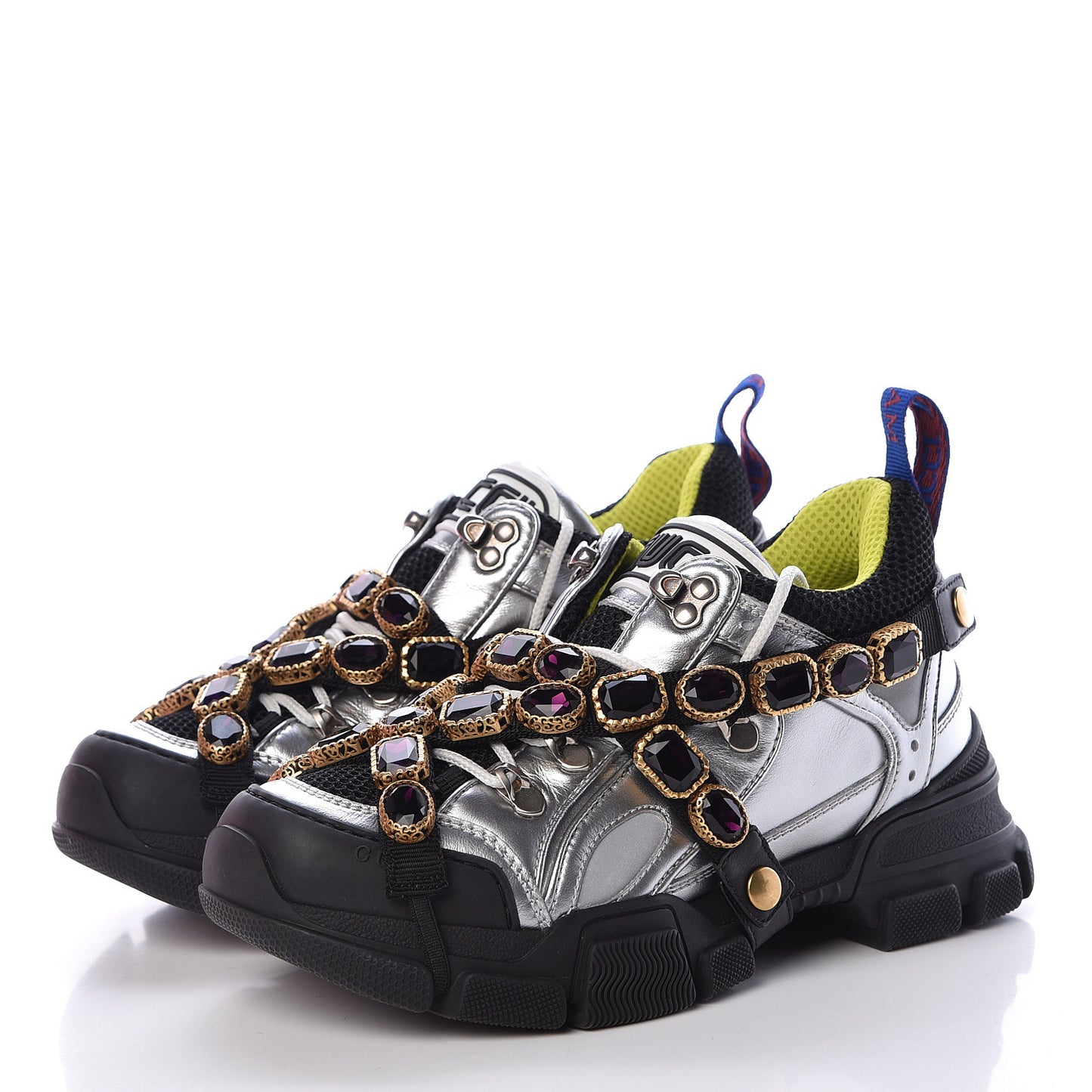 X SEGA Metallic Calfskin Mesh Removable Crystals Womens Flashtrek Sneakers 37.5 Silver Black