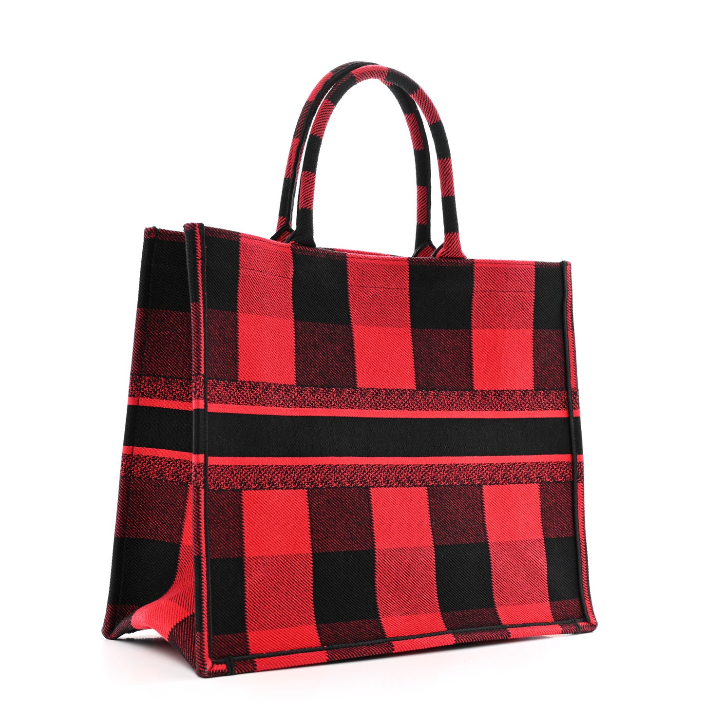 Canvas Embroidered Checkered Book Tote Black Red