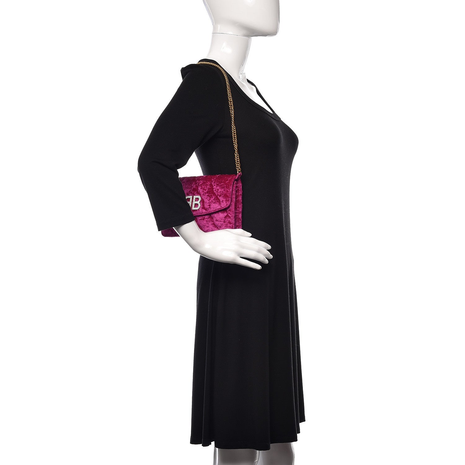 Balenciaga Crushed Velvet Crystal Mattress Quilted BB Wallet On Chain Fuchsia 2 of 9