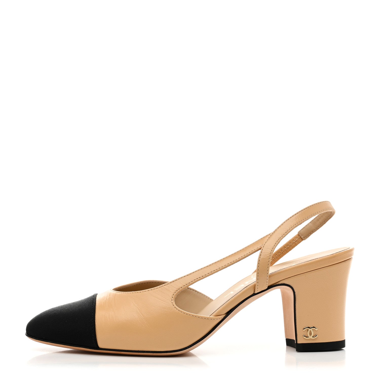 Chanel Goatskin Grosgrain Cap Toe CC Slingback Pumps 36.5 Beige Black 1 of 10