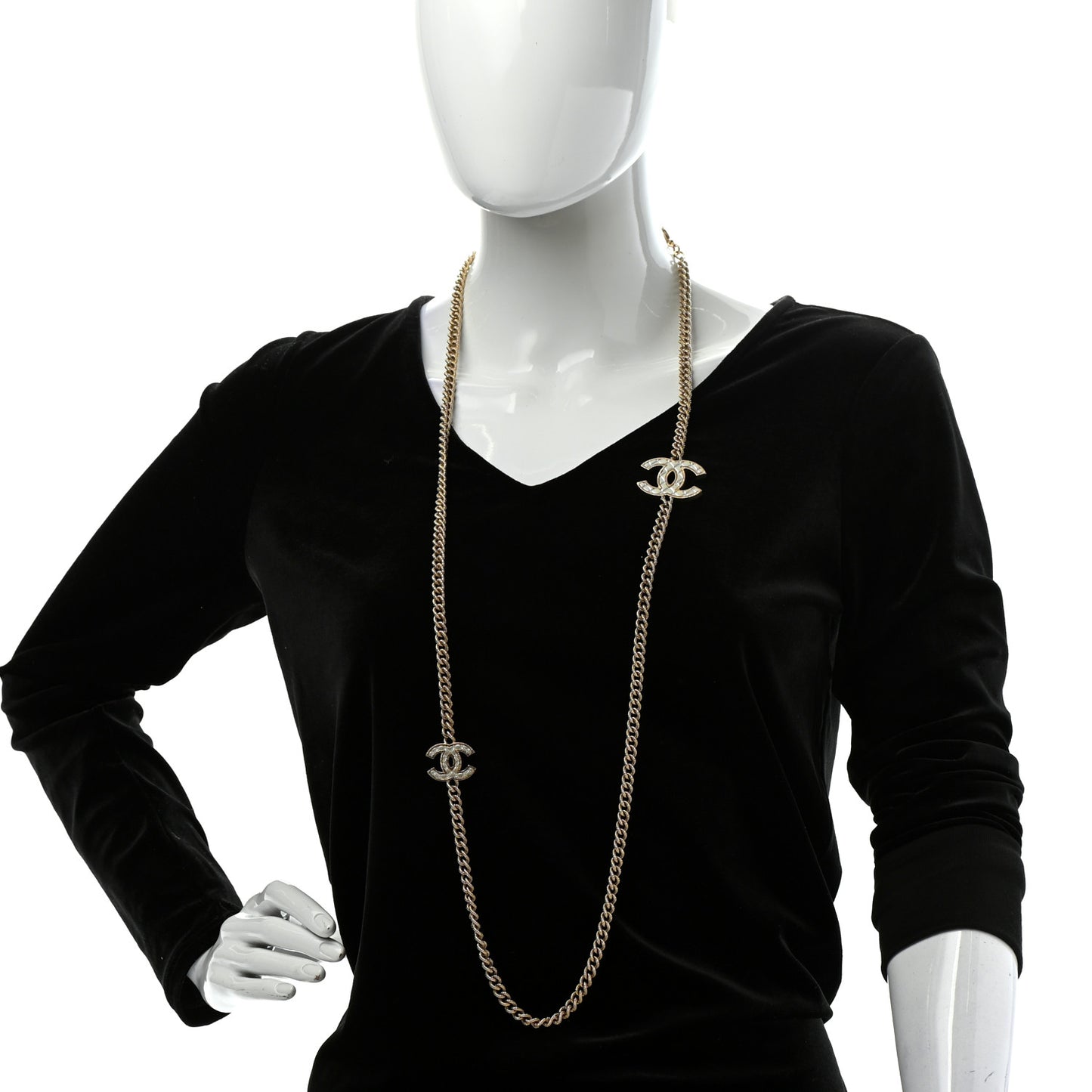 Metal Quilted CC Long Chain Necklace Gold Pearly White