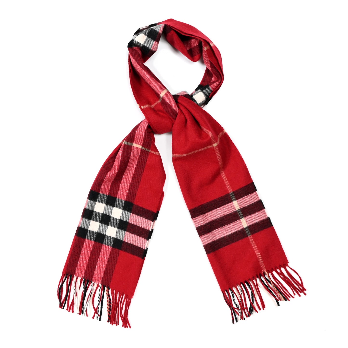 Wool Cashmere Check Fringe Scarf Claret