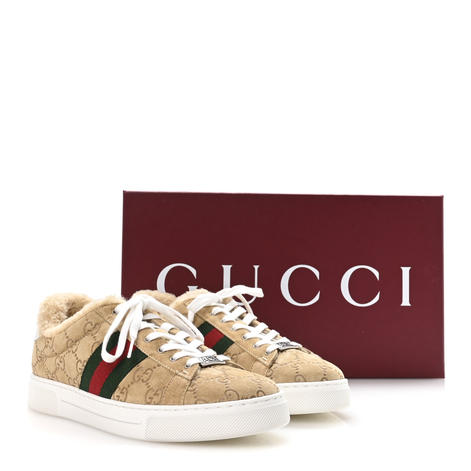 Gucci Suede Shearling Prestige GG Monogram Web Womens Ace Sneakers 37.5 Beige White Multicolor Mystic White 9 of 9