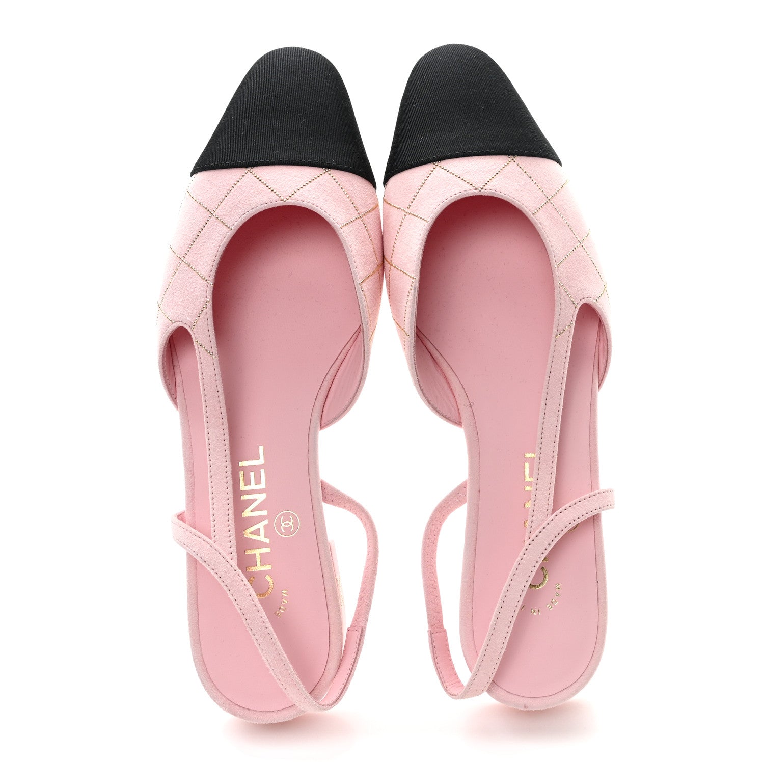 Chanel Suede Crystal Grosgrain Cap Toe CC Slingback Flats 37 Pink Gold Black 2 of 9